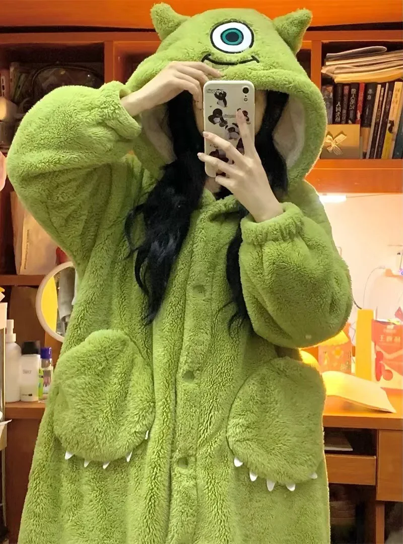 Adult Monster Costume Womens Flannel Robes Cartoon Cosplay Hooded Long Nightgown Soft Warm Sleepwear Plush Fleece Nightdress