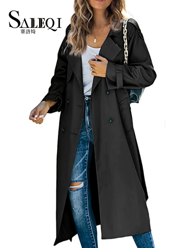 

Women Double Breasted Elegant Casual Trench Coat Autumn Winter Female Solid Color Polo Neck Thin Loose Jacket