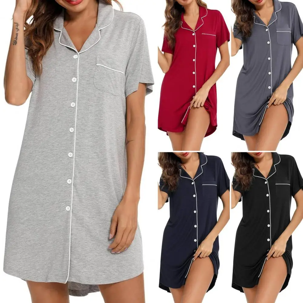 Women Nightdress Summer Short Sleeve V Neck Loose