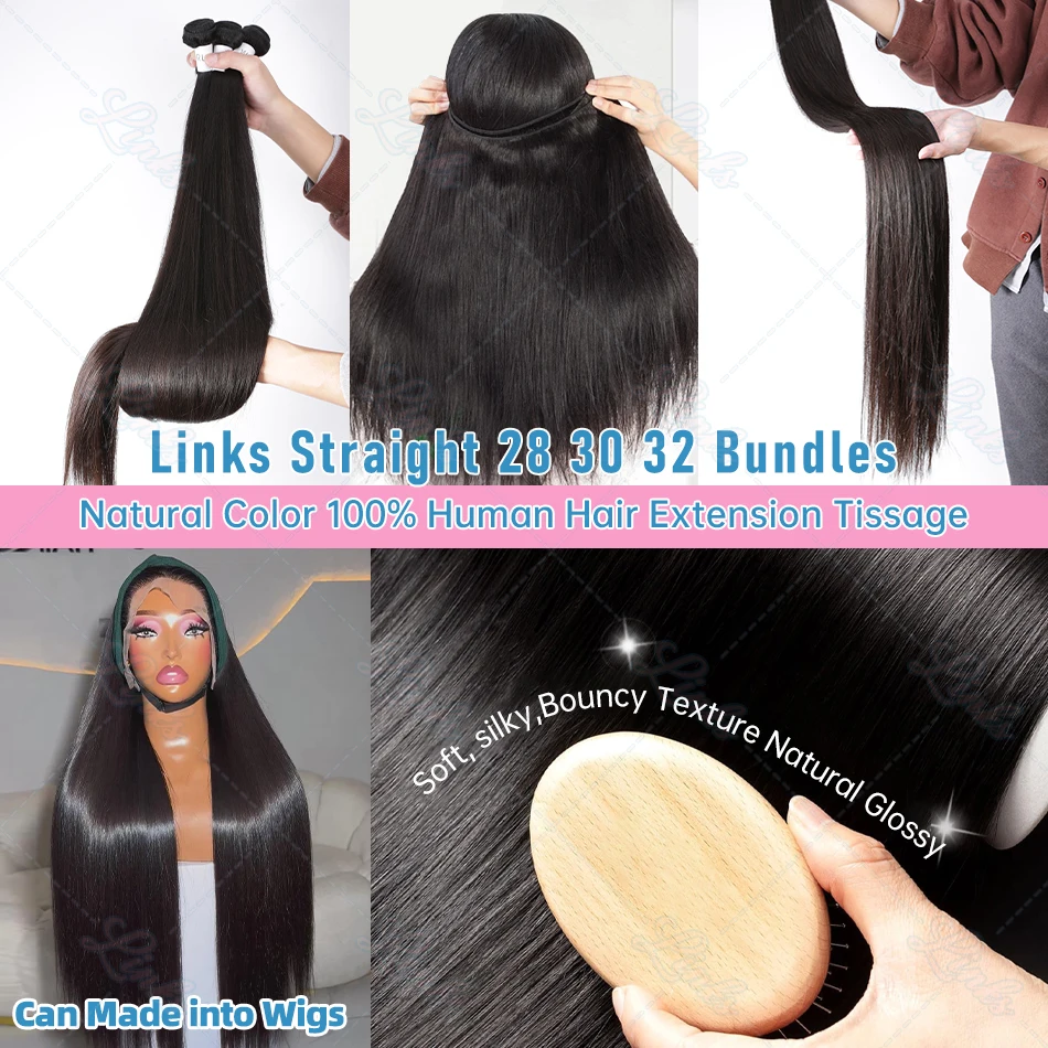 Human Hair Extensions Links 30 40 Inch Bone Straight Bundles 100% Human Hair Weave Bundles 1/3/4 PCS Brazilian Remy