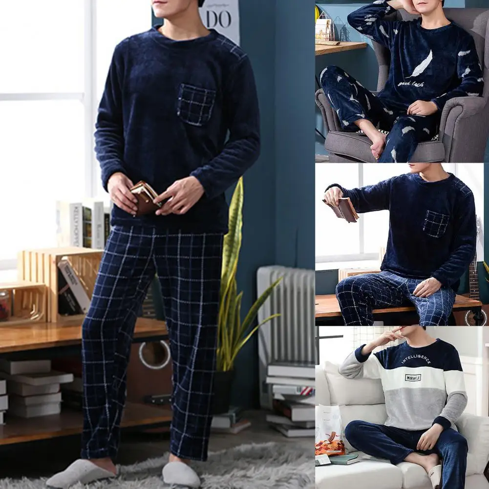 Men Sleepwear Suit Loose Pullover Round Neck Pajama Sets Thick Soft Flannel Pajama Sets 2 Pcs/Set man pajamas set flannel pajamas set
