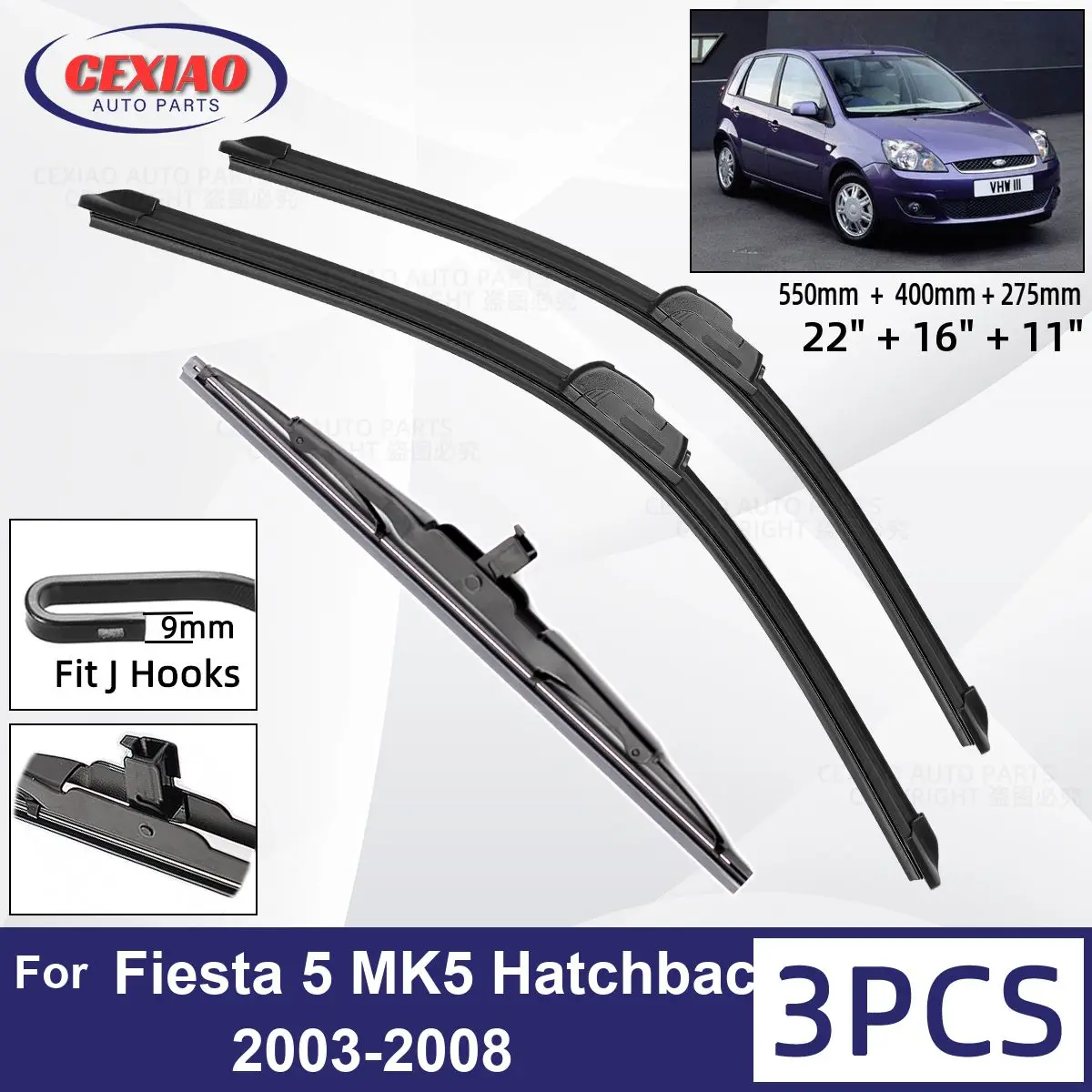 

Щетки стеклоочистителя для Ford Fiesta 5 MK5 Hatchback 2003-2008, мягкие резиновые стеклоочистители для лобового стекла автомобиля, 22 дюйма + 16 дюймов + 11 дюймов