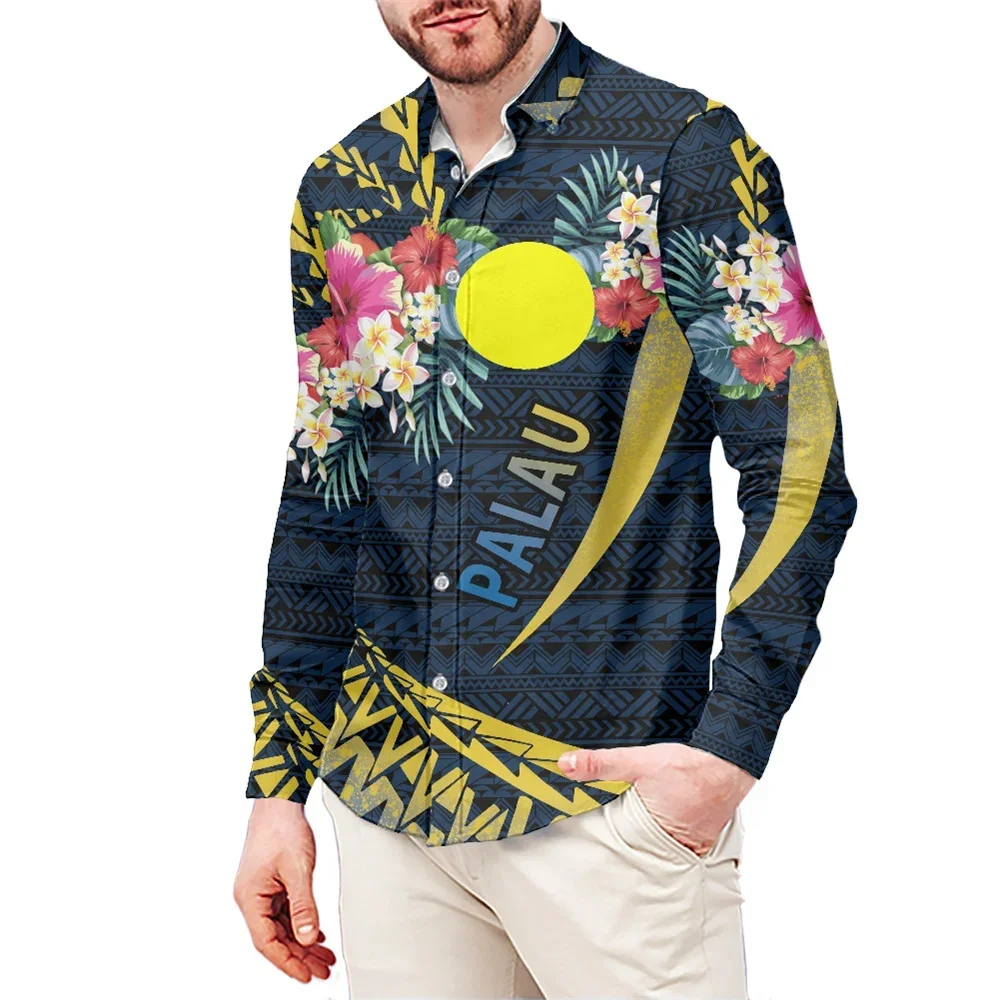 

Men's Clothing Autumn Casual Polyester Polynesian Tribal Palau Islands Logo Floral Print Long Sleeve Buttons Up Party Shirt