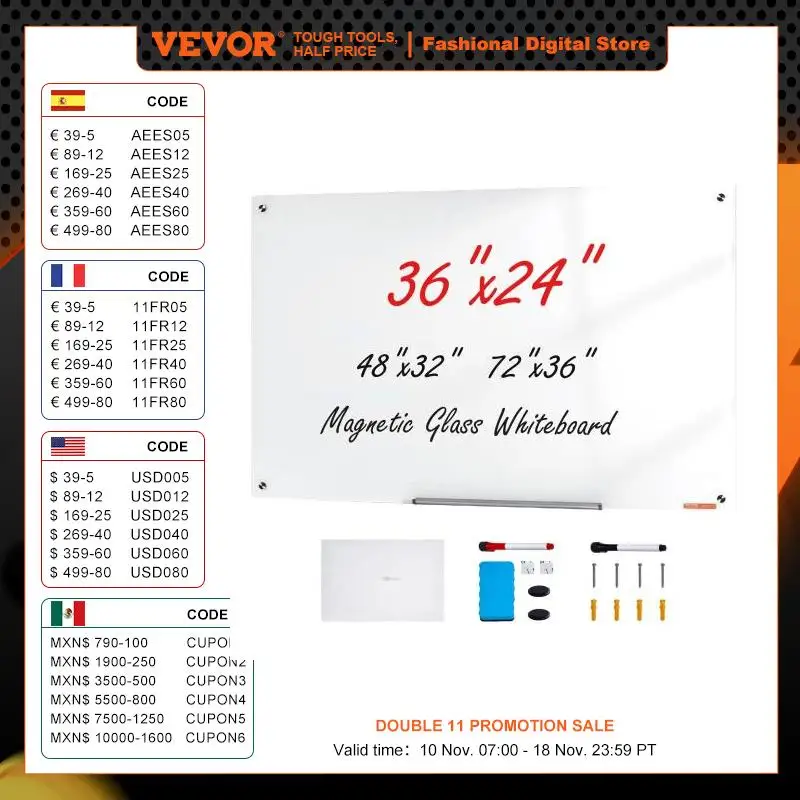 VEVOR Magnetic Glass Whiteboard 36"x24"/48"x32"/72"x36" Dry Erase Board Wall-Mount Large Frameless Glassboard for School Office