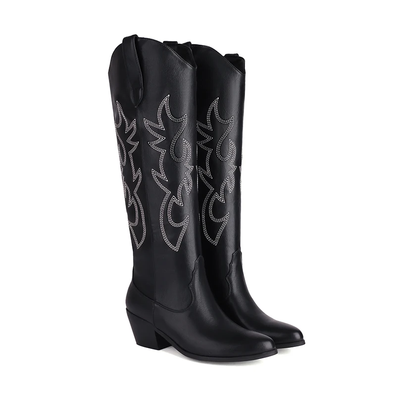 Kcenid Women Western Boots 2024 Fashion Embroidered Autumn Winter Chunky Heel Cowboy Boots Vintage Style Long Boots