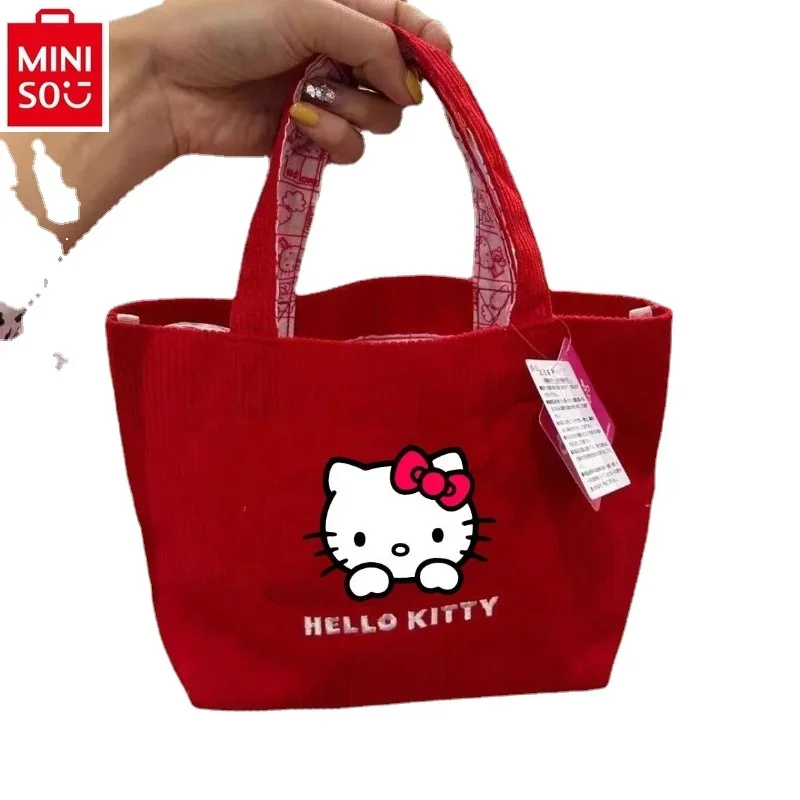 MINISO Sanrio Cartoon Hello Kitty Corduroy Cute Printed Handbag for Students Fashion and Casual Large Capacity Storage Bag