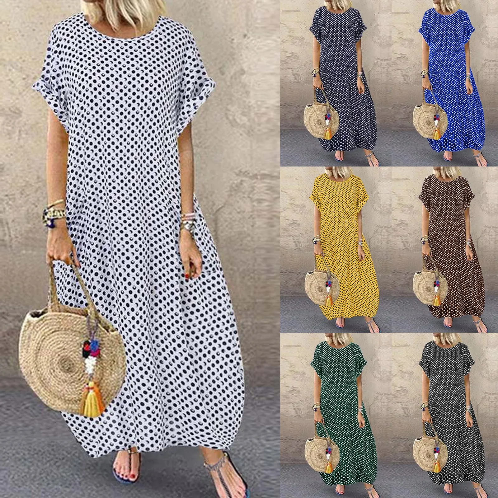 

2023 Ladies Boho Loose Fit Dresses Casual Polka Dot Print Dress Round Neck Maxi Short Sleeve Womens Sundress