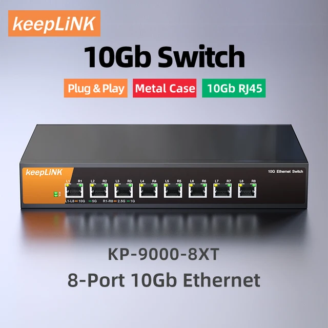 KeepLiNK 8 Port 10G/Multi-Gig Unmanaged Ethernet Switch Desktop/Wall-Mount Plug and Play Sturdy Metal Casing
