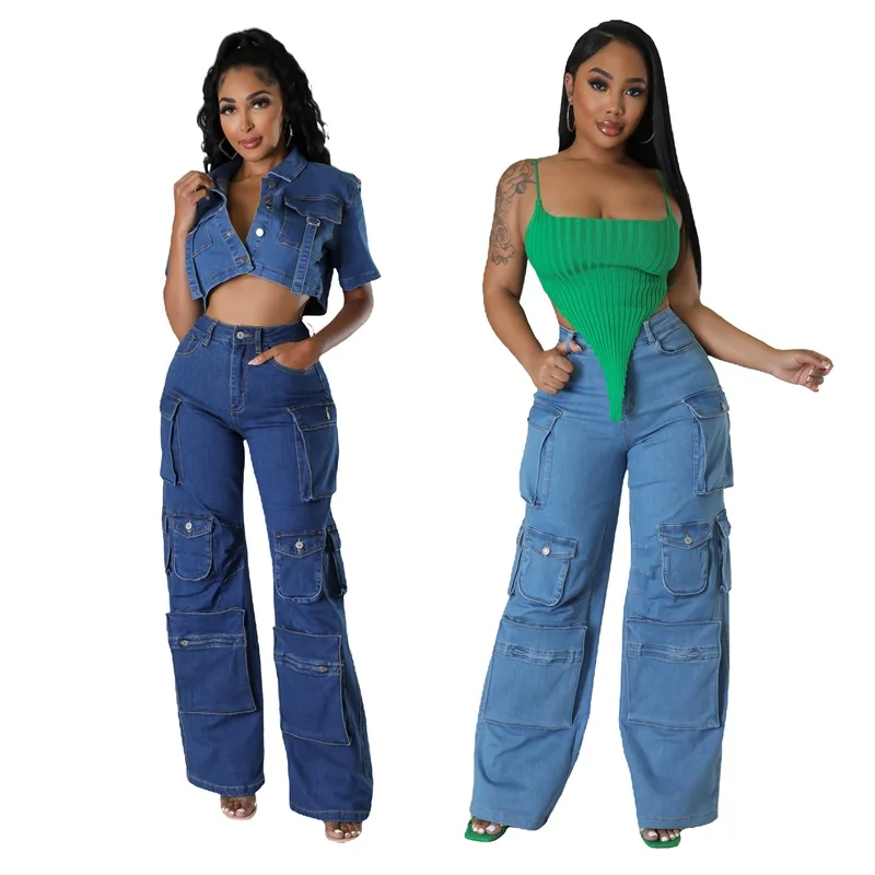 

Ladies Overalls Ladies Spring Outdoor Fashion Joker Button Waist Multi-pocket Straight Jeans