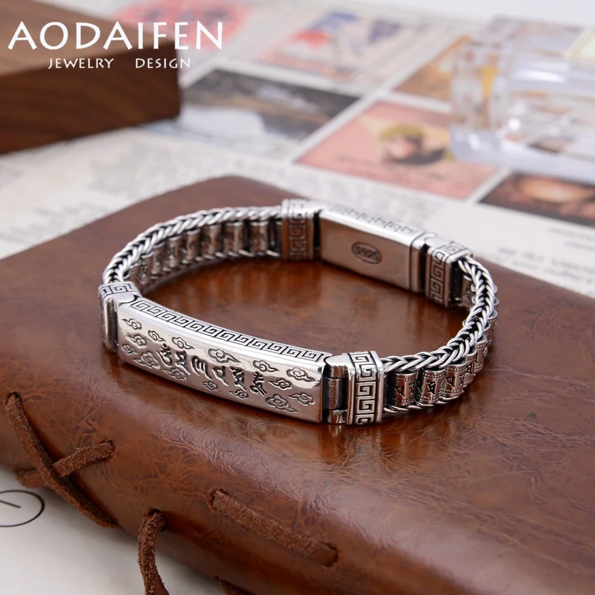 

AODAIFEN S925 Sterling Silver 12MM Lucky Cloud Men's Bracelet Six Character True Words Prayer Wheel Retro Trend Luxury Jewelry