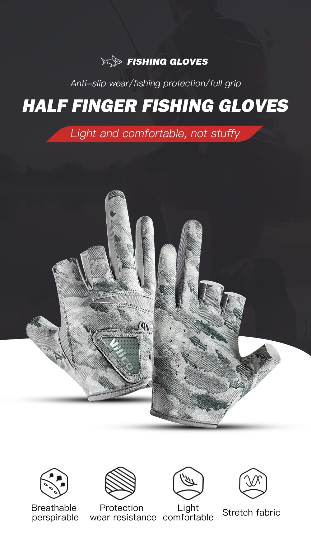 Description Picture 2 of item1 Pair Fishing Gloves for Men Summer Fishing Road Sub Sunscreen and Anti Slip Ice Silk Breathable Thin Three Finger Cut Gloves