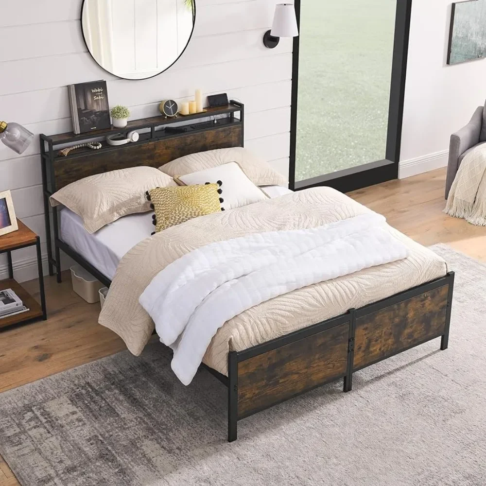 

Metal Bed Frame with Industrial Wood Headboard and Strong Support Metal Legs, Easy Assembly, Noise-Free, No Box Spring Needed