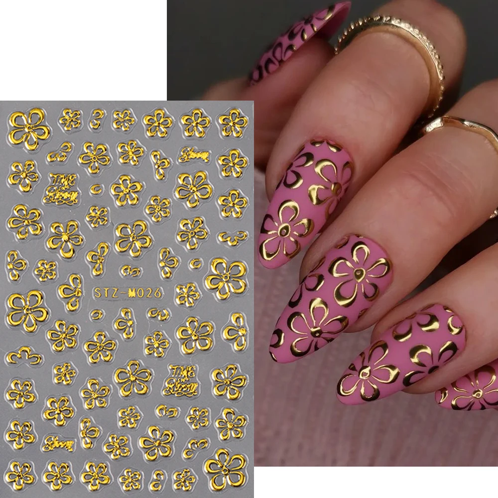 2/4pcs 빈티지 양각 꽃 3D 네일 스티커 블루밍 그라데이션 황금 꽃무늬 레오파드 네일 데칼 DIY 매니큐어 아트 디자인