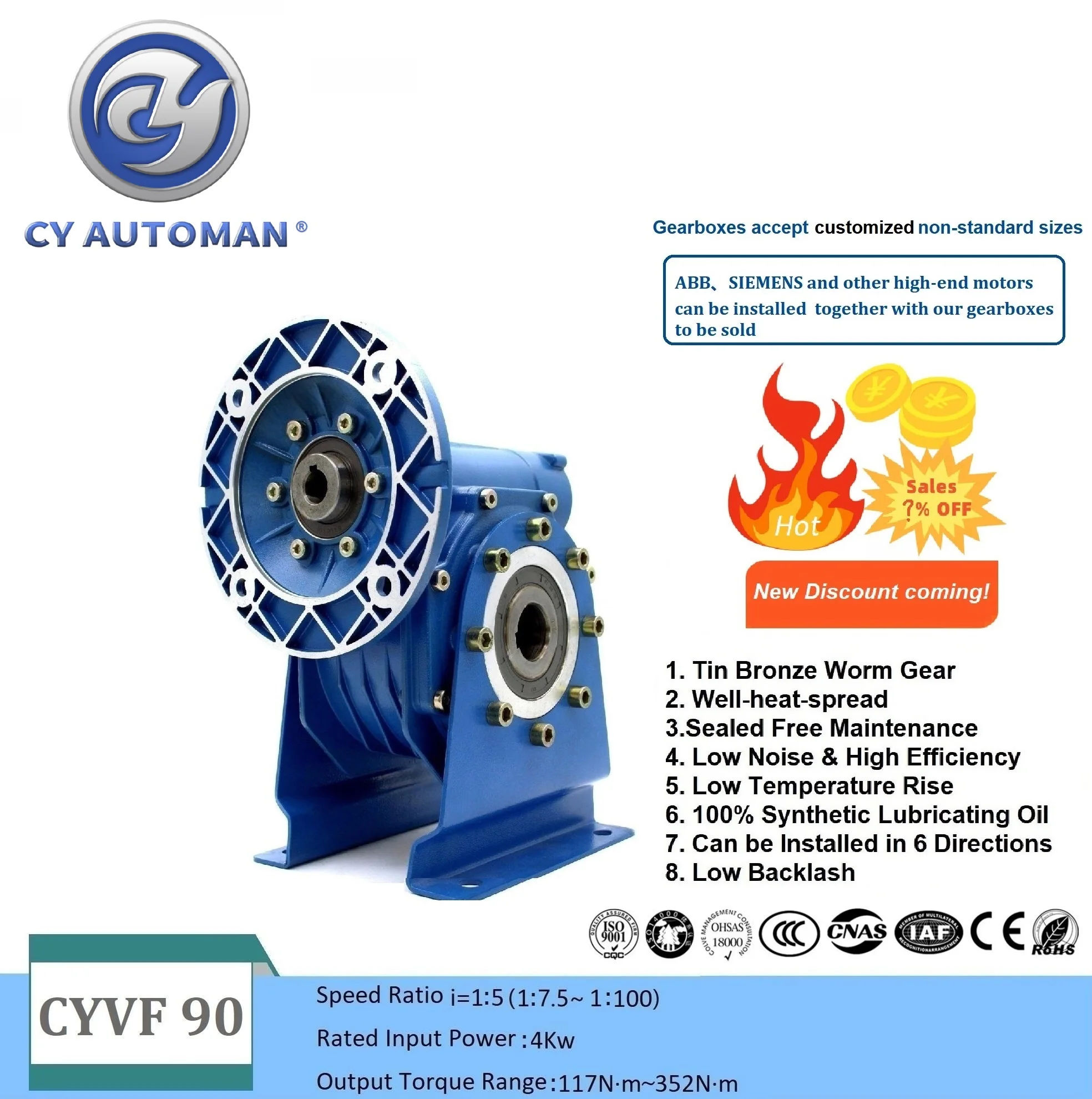 

CYAutoman Worm Gearbox Speed Reducer NMVF 090 Input19/22/24/28mm Output 35mm Ratio 5:1/100:1 for Industrial Applications