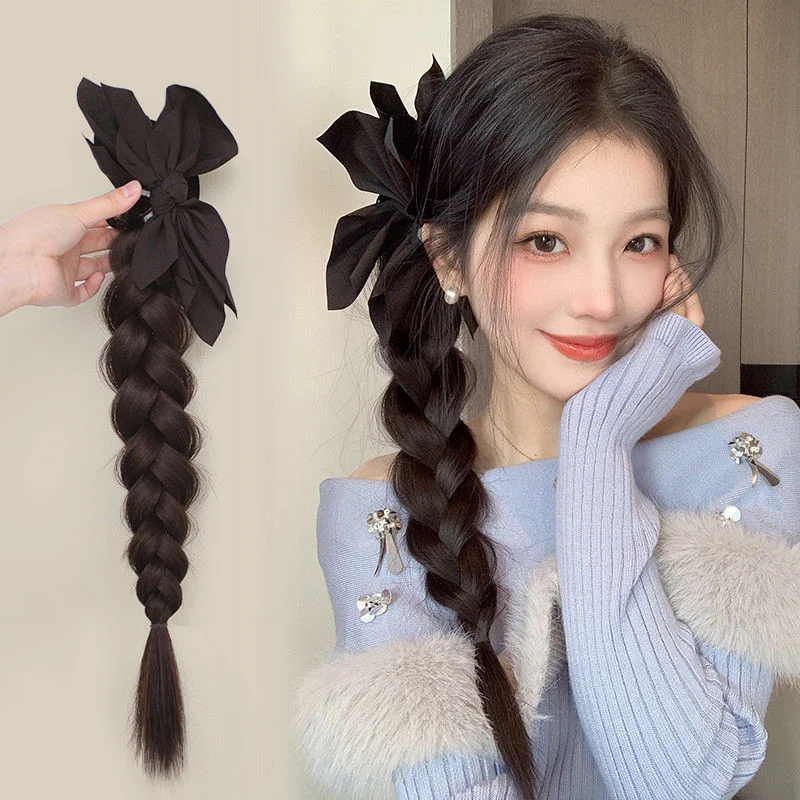 Side-Tie Synthetic Braids Ponytail Hair Extensions With Black Butterfly Knot Clips For Elegant Girls Daily And Party Wear