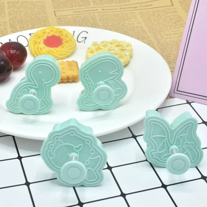 4Pcs Dinosaur Biscuit Embosser Stamp Mold Cartoon Animal Pattern Cookie Cutter Dessert Baking Mold Fondant Cake Decorating Tools cookie cutter baking mold cookie mould cookie printing mold baking decorating tools