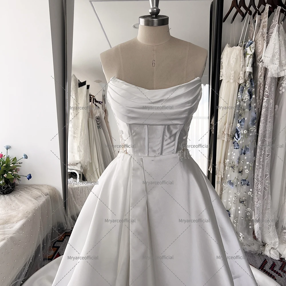 Mryarce Abnehmbare schulterfreie Ärmel Mikado A-Linie Brautkleid Brautkleider mit offenem Bein und Taschen – Detail 8