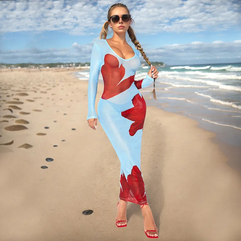 

Swimwear Cover Up Women Beach Outing 2024 Outfits Bath Exits Woman Sexy New Mesh Perspective Deep V Long Sleeve Printed Slim Fit