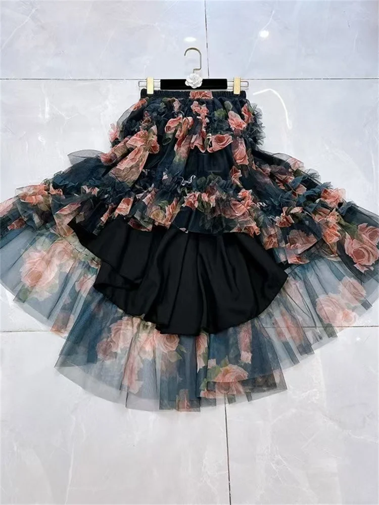 French Style Holiday Ruffle Irregular Midi Long Party Skirt Ball Gown Multi Layer Mesh Fashion Gauze Tutu Elegant Vintage Skirts