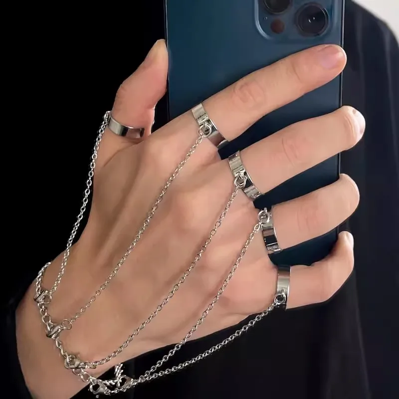 Punk Geometric Silver Color Chain Wrist Bracelet Rings for
