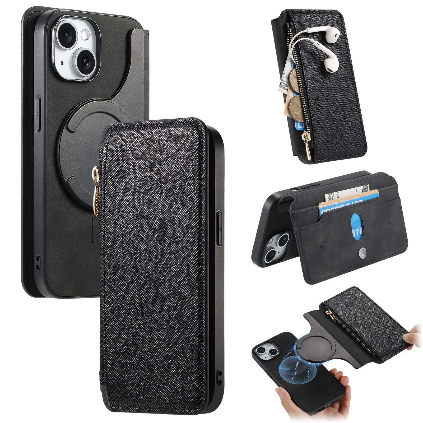 Leather Zipper Wallet Case with MagSafe and Credit Card Slot