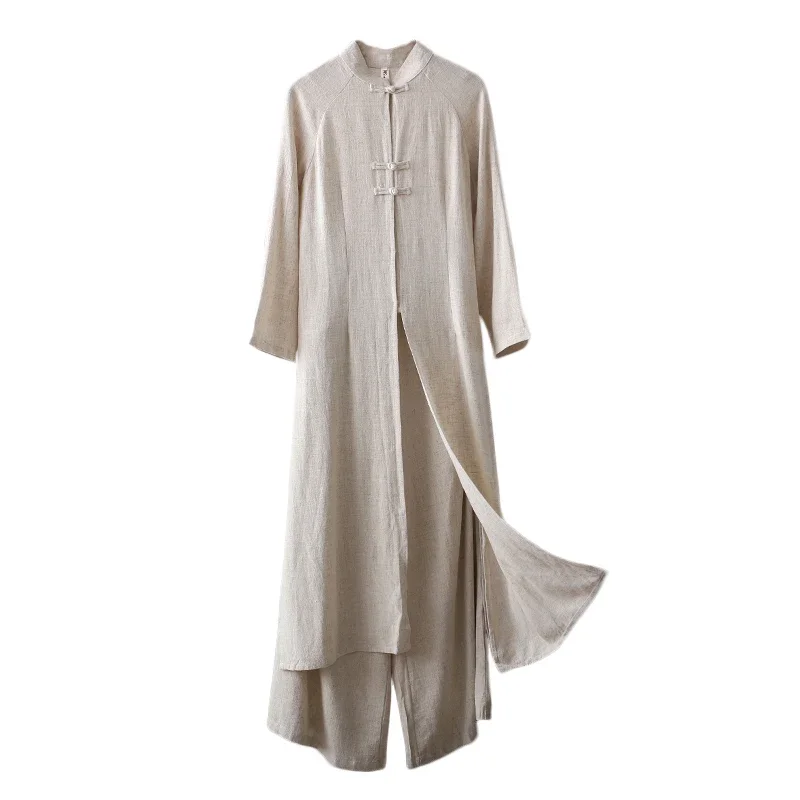 Women Chinese Traditional Tang Suit Cotton Linen Robe Pants 2pcs Set Wide Leg Trouser Long Kung Fu Tai Chi Uniform Set