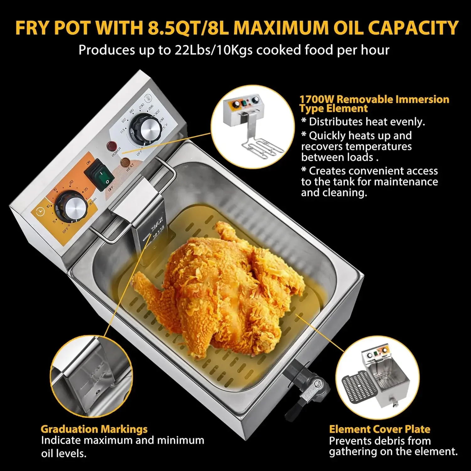 14 Qt. Electric Countertop Commercial Deep Fryer with 6.8 Qt. Basket, for Restaurant and Home-120V, 1700W, Stainless Steel
