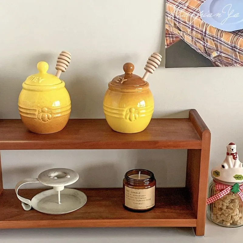 Ins Ceramic Honey Jar With Stirring Rod Vintage Home Decor Kitchen Gadgets Seasoning Jar Kitchen Organizer Storage With Lid