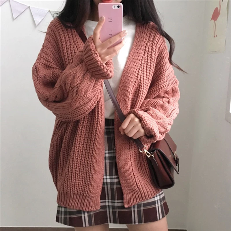 

Vintage Brown Knitted Cardigans for Women Korean Loose Long Sleeve Crochet Sweater Top Woman Casual Solid Lazy Sweaters