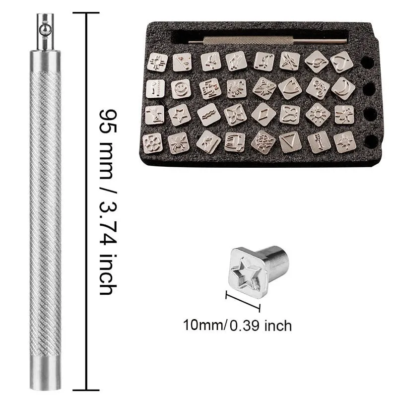 Leather Stamping Tool Set 33pcs 32pcs Leather Stamps Patterns with Stamping Handle for Craft