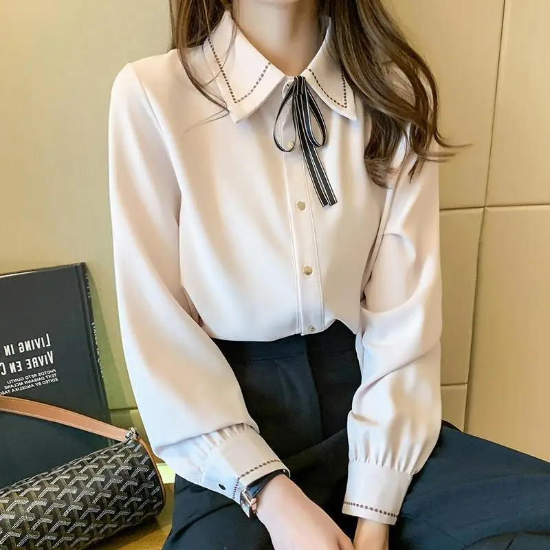 Fashion Lapel Solid Color Lace Up Bow Blouse Women's Clothing 2022 Autumn New Loose Casual Tops All-match Office Lady Shirt