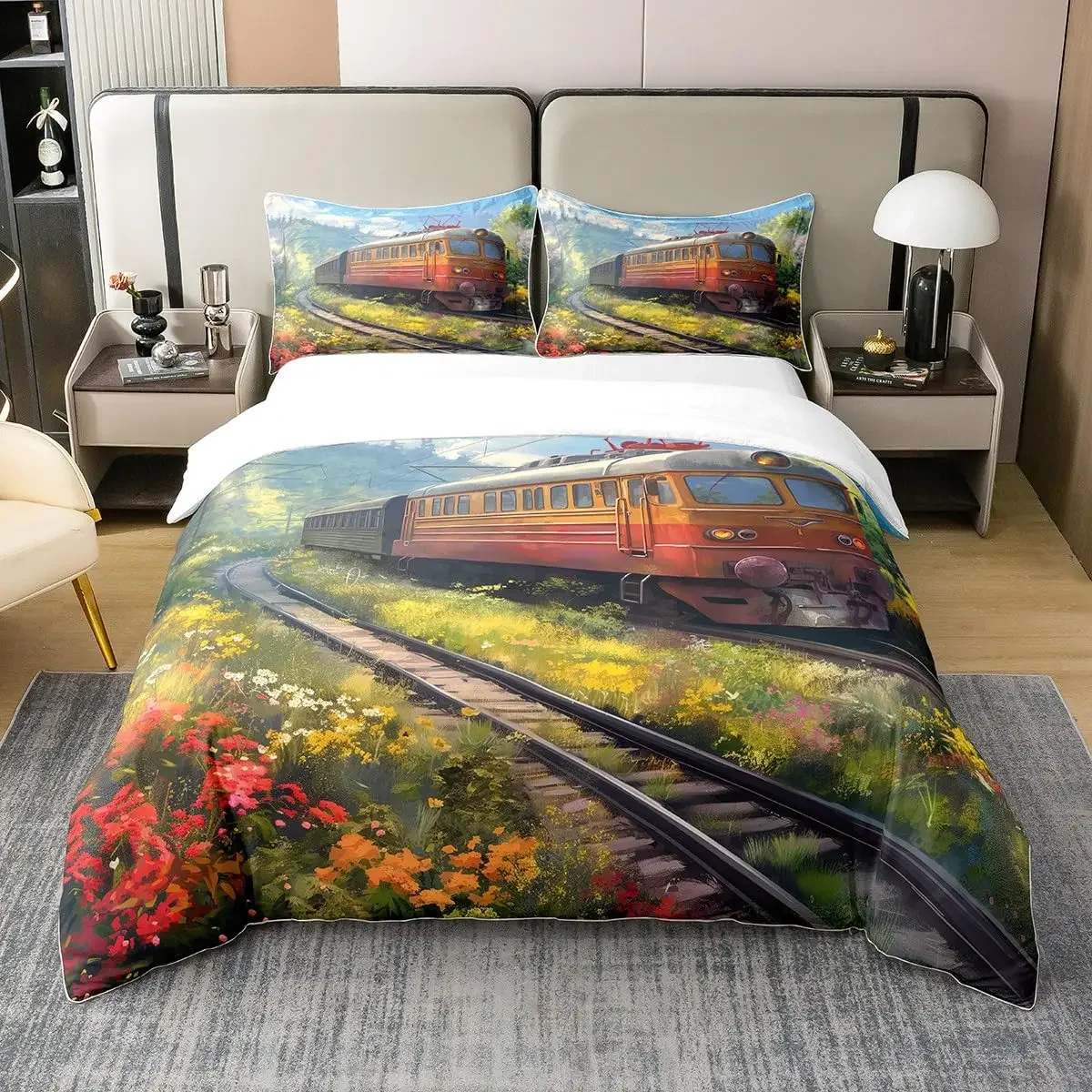 Train Bedding Set Vehicles Duvet Cover for Boys Children Teens Bedroom Decor Print Comforter Cover Set