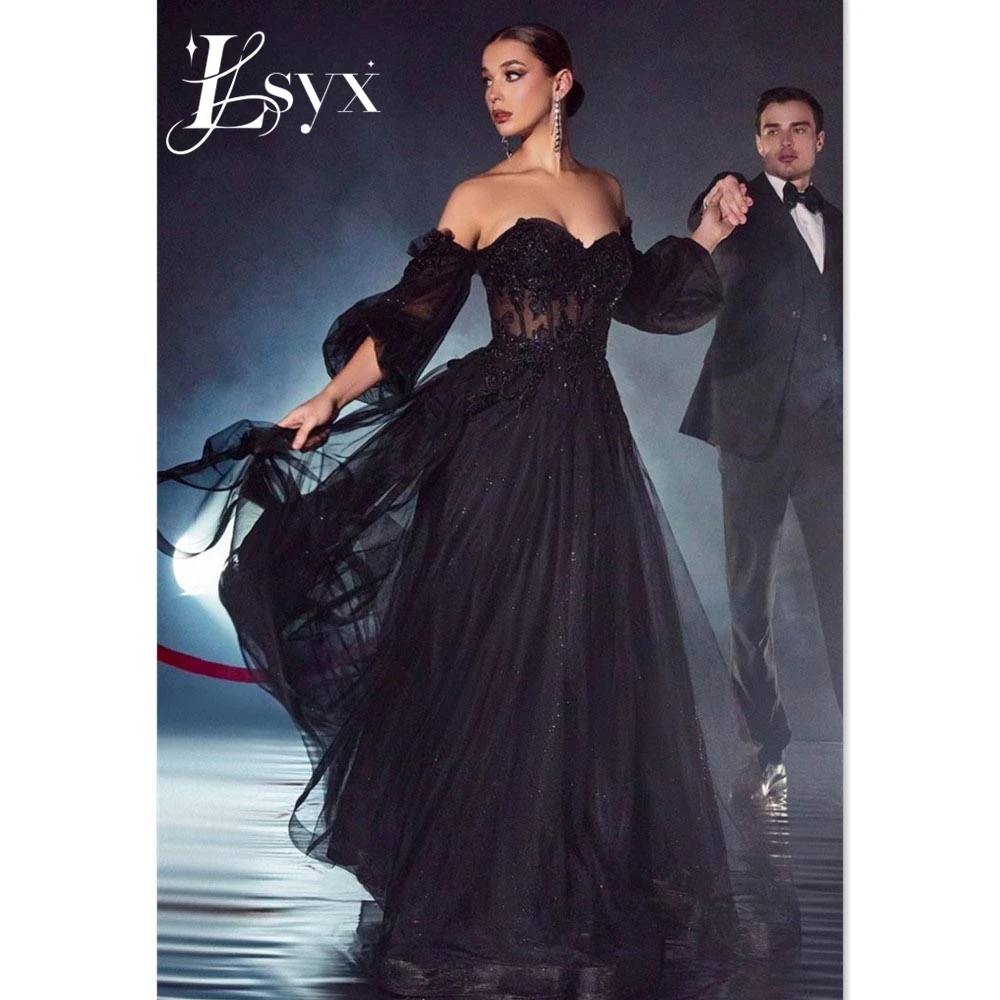 

LSYX Black Detachable Puff Sleeve Vestido De Novia Sexy Sweetheart Prom Gown Black A-line Prom Dress Princess Lace Embroidery