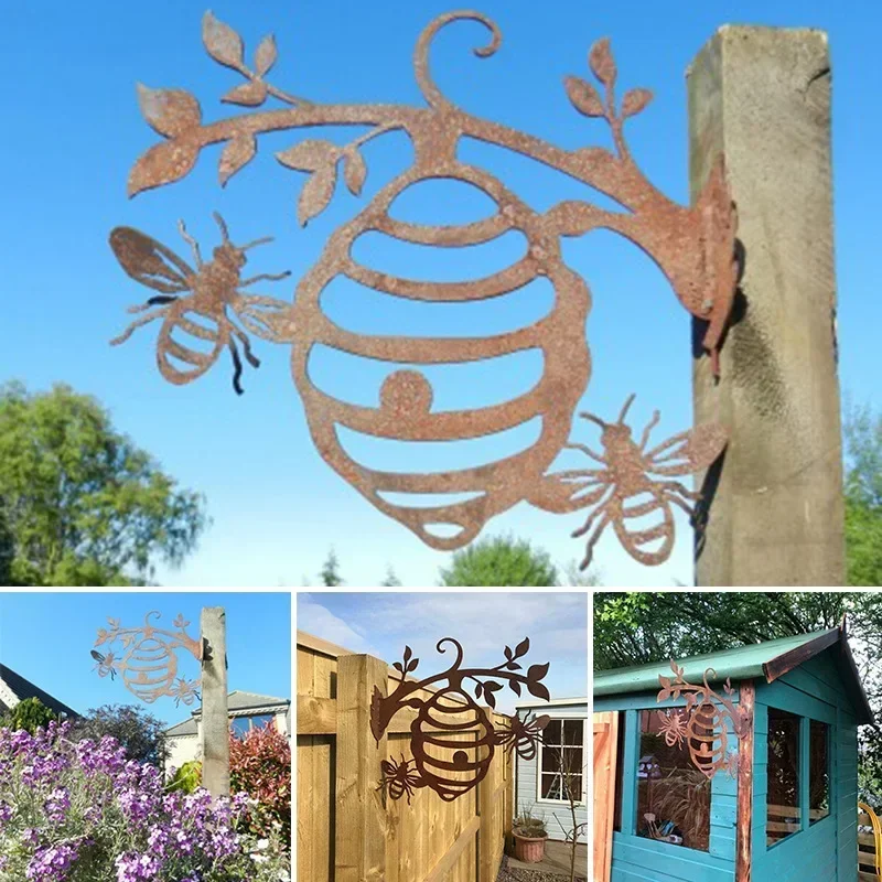 metal-honeycomb-bee-silhouette-art-pendant-outdoor-garden-fence-decor