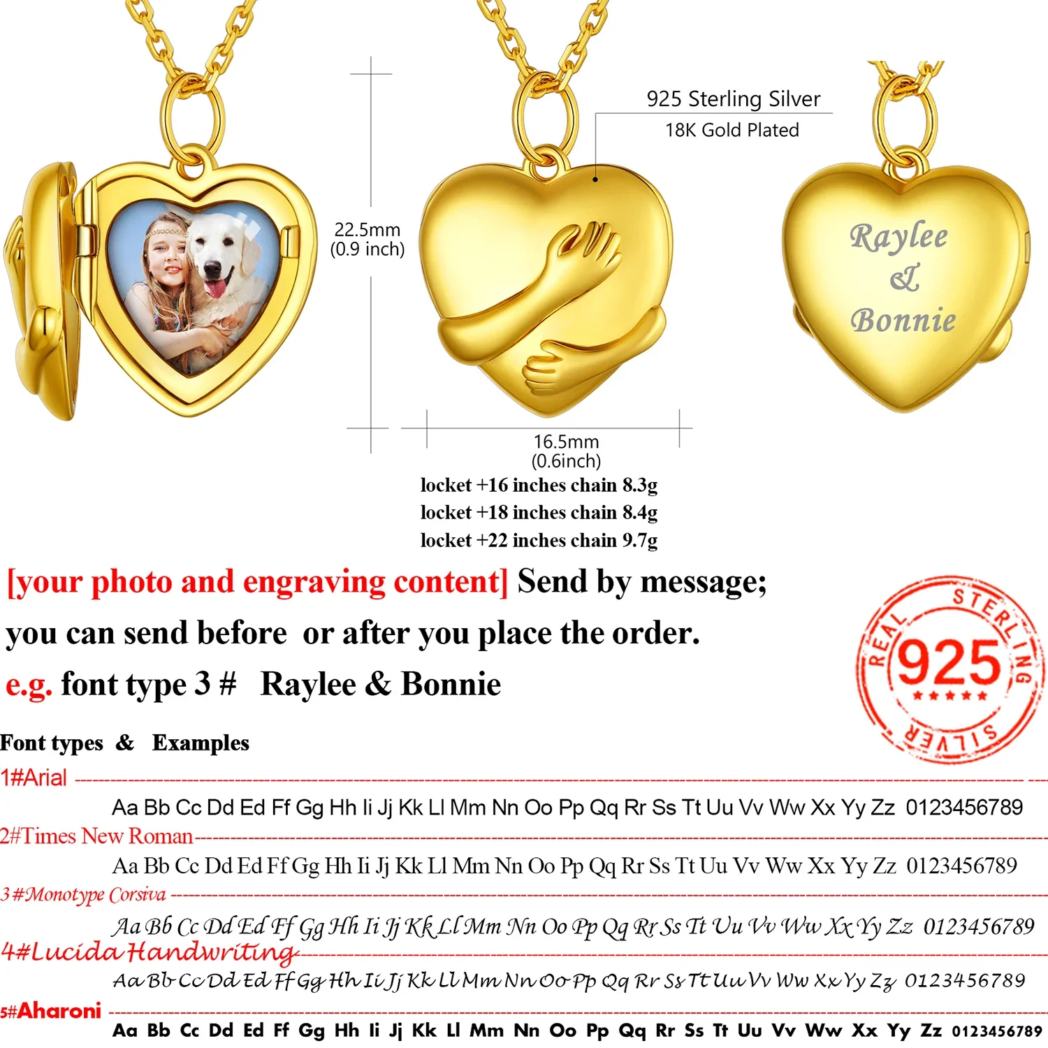 U7 925 Silver Heart Locket for Women Custom Hug Hugging Hands Your Photo Necklace Memorial Pictures Personalized Jewelry