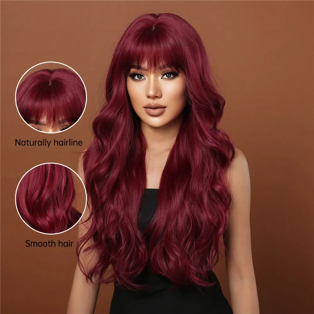 Pelucas de color rojo vino para mujeres, pelucas largas onduladas color burdeos con flequillo, peluca de uso diario para fiestas de cosplay, peluca de pelo sintético de alta temperatura_voghion.com