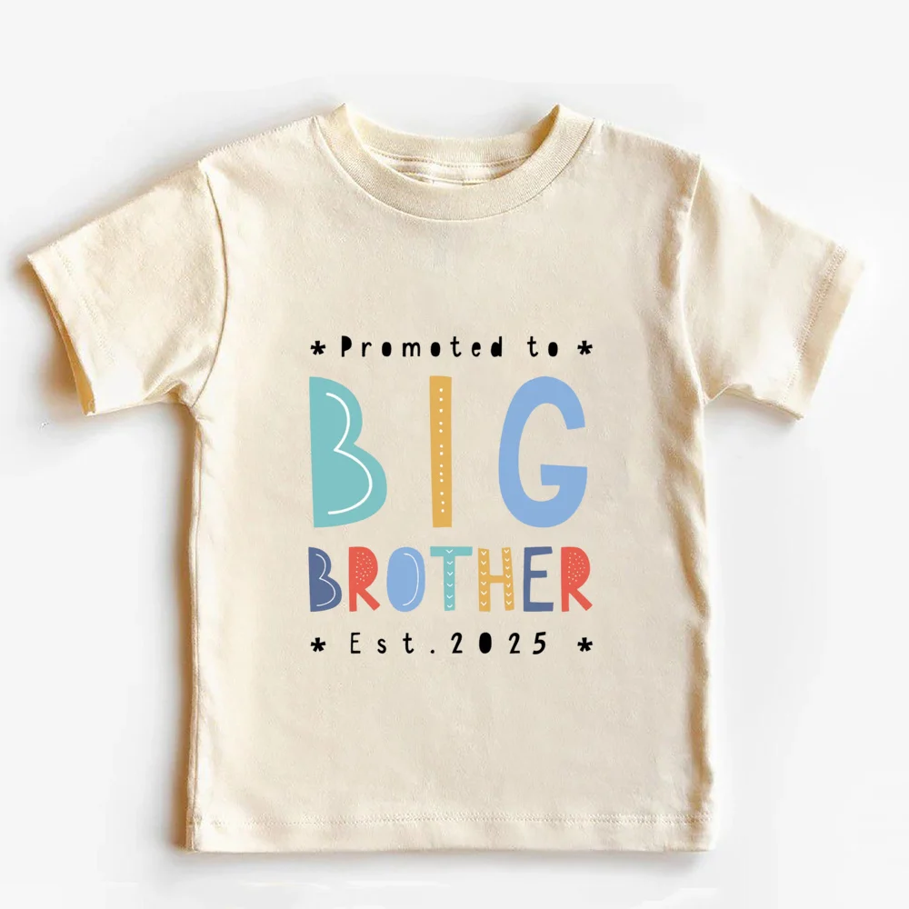 Promoted To Big Brother Est 2025 Print Kids T-shirt Pregnancy Announcement Boys Shirt Child Summer Retro Short Sleeve Outfit Top 5