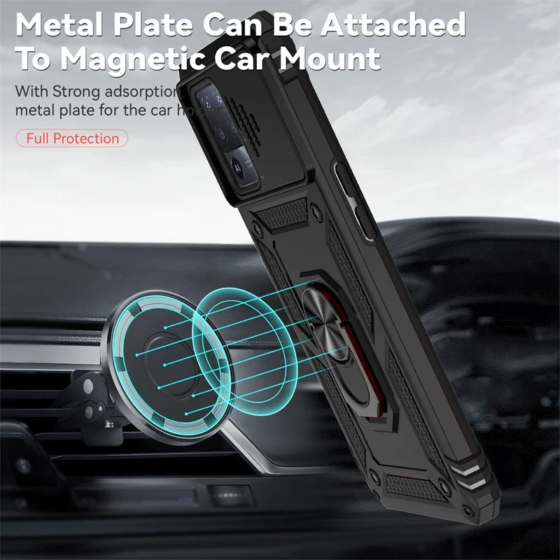 Shockproof Armor Case with Metal Ring Holder and Slide Lens Protector Cover