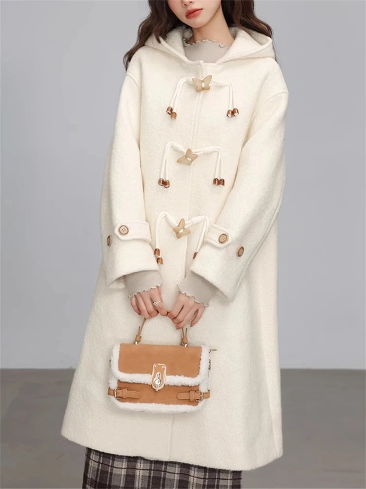 

Women's Butterfly Button Design Woolen Hooded Jacket Temperament Long Sleeved Outerwear Autumn Winter Vintage Female Long Coat