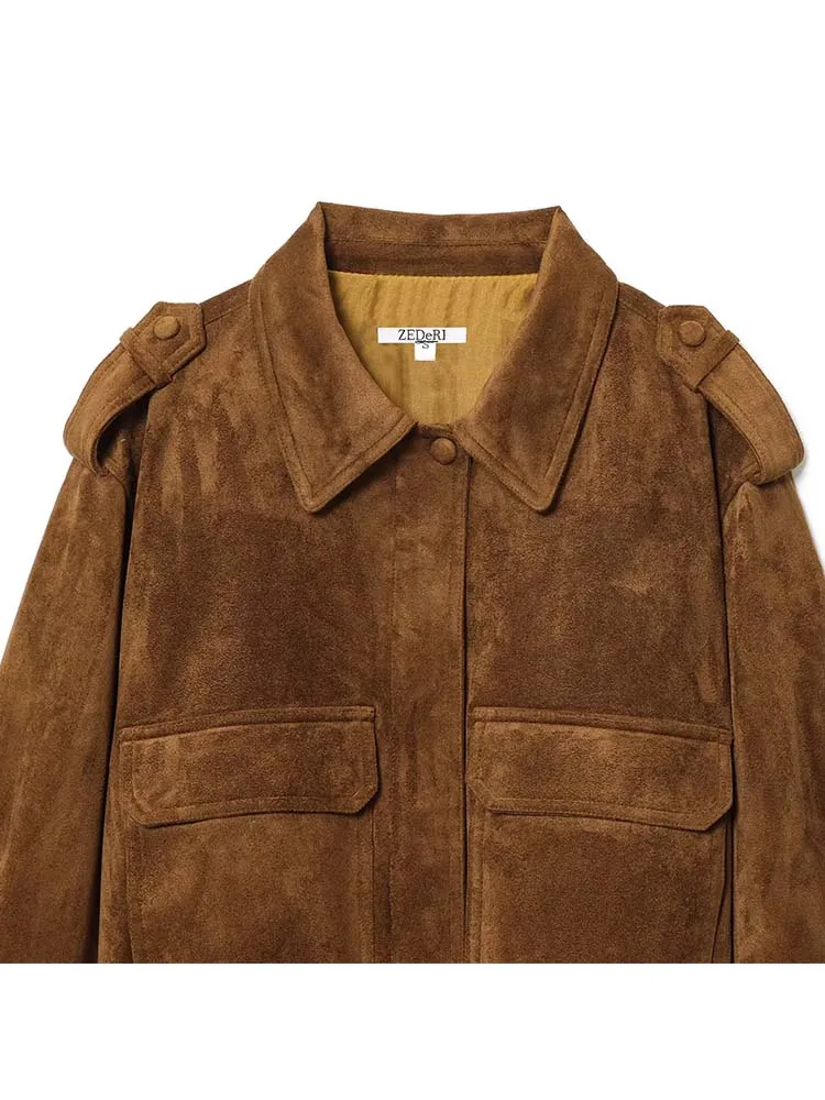 Women Lapel Suede Fabric Jacket 2025 New Autumn And Winter Fashion Long Sleeve Zipper Coat Chic Female High Street Outerwear