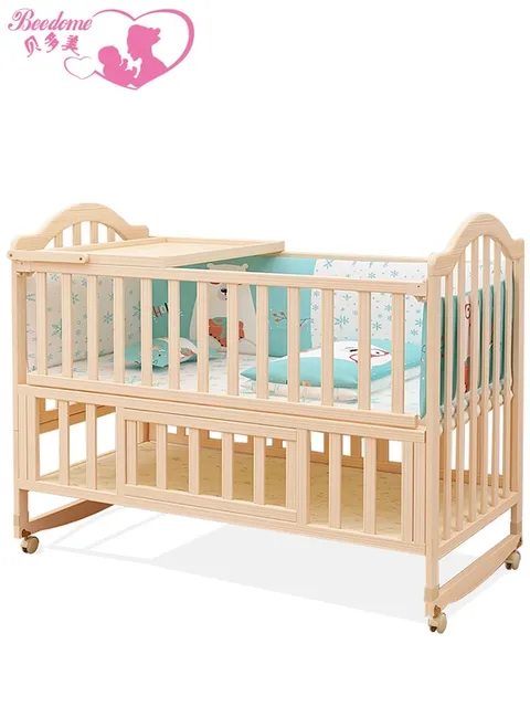Solid Pine Wood Baby Crib Stitching Big Bed, Multifunctional Kid Cot Can Extend To 168cm Suit For Elder Children 2
