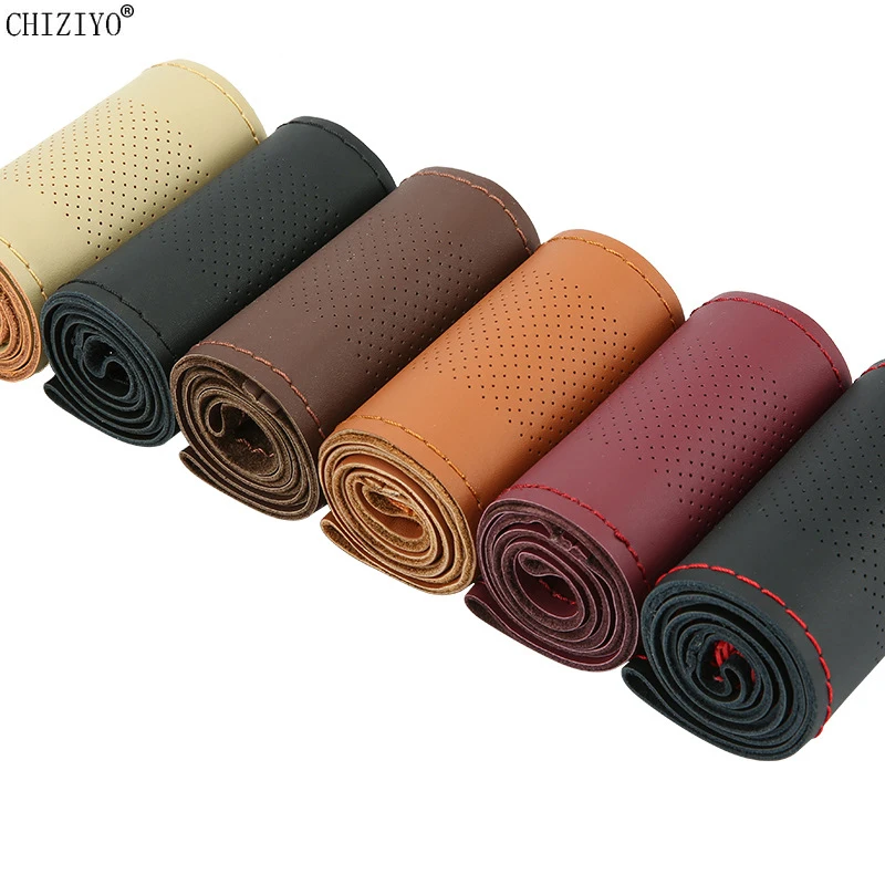 

38cm Genuine Leather Car Steering Wheel Cover Soft Breathable DIY Hand Sewing Steering Wheel Braid Case With Needle And Thread