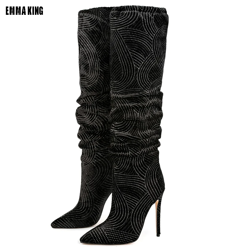 

Женские сапоги с острым носком, высокие сапоги до колена на высоком каблуке, украшенные кристаллами, Осень-зима 2024