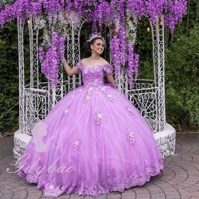 Purple Quinceanera Dress Ball Gown Applique Tulle Puffy 3D Floral Sweet 16 Girl Princess Birthday PageantEvening Dress
