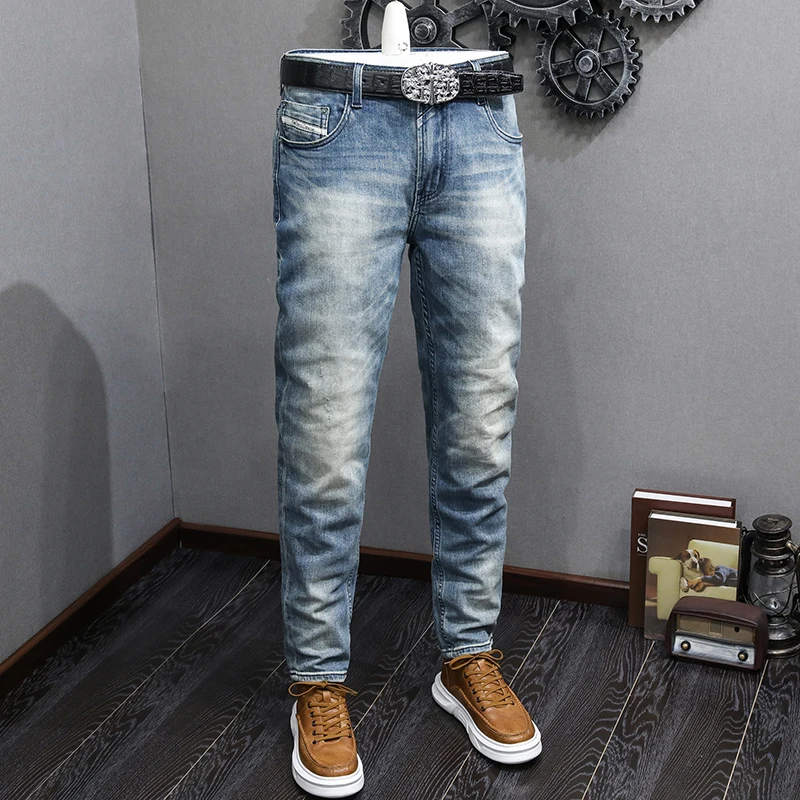 Italian Style Fashion Men Jeans High Quality Retro Light Blue Stretch Slim Fit Ripped Jeans Men Vintage Designer Denim Pants