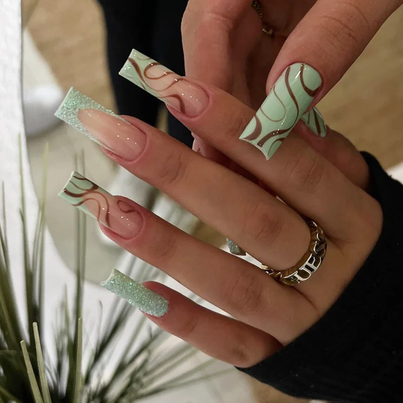 

24Pcs Long Stripe Square False Nail For Women Finished Fake Nails Patch Removable Press On Nail Sticker