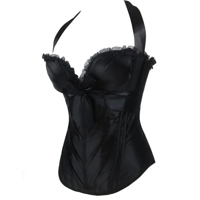 Sexy Lingerie Straps Halter Corset Bustier With Cup Lace Up Bowknot Decorated Women Zipper Side Overbust Corselet Tops Black