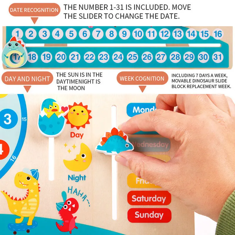Children Dinosaur Wooden Calendar Clock Educational Toys Montessori Educational Learning Time Weather Week Cognitive Parish Toys 4
