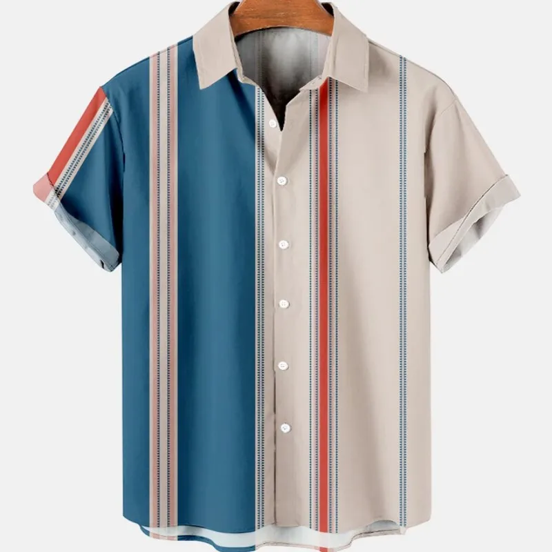 

Mens Striped Graphic Print Turn Down Collar Shirts Casual Summer Short Sleeve Blouse Clothing Male's Tops