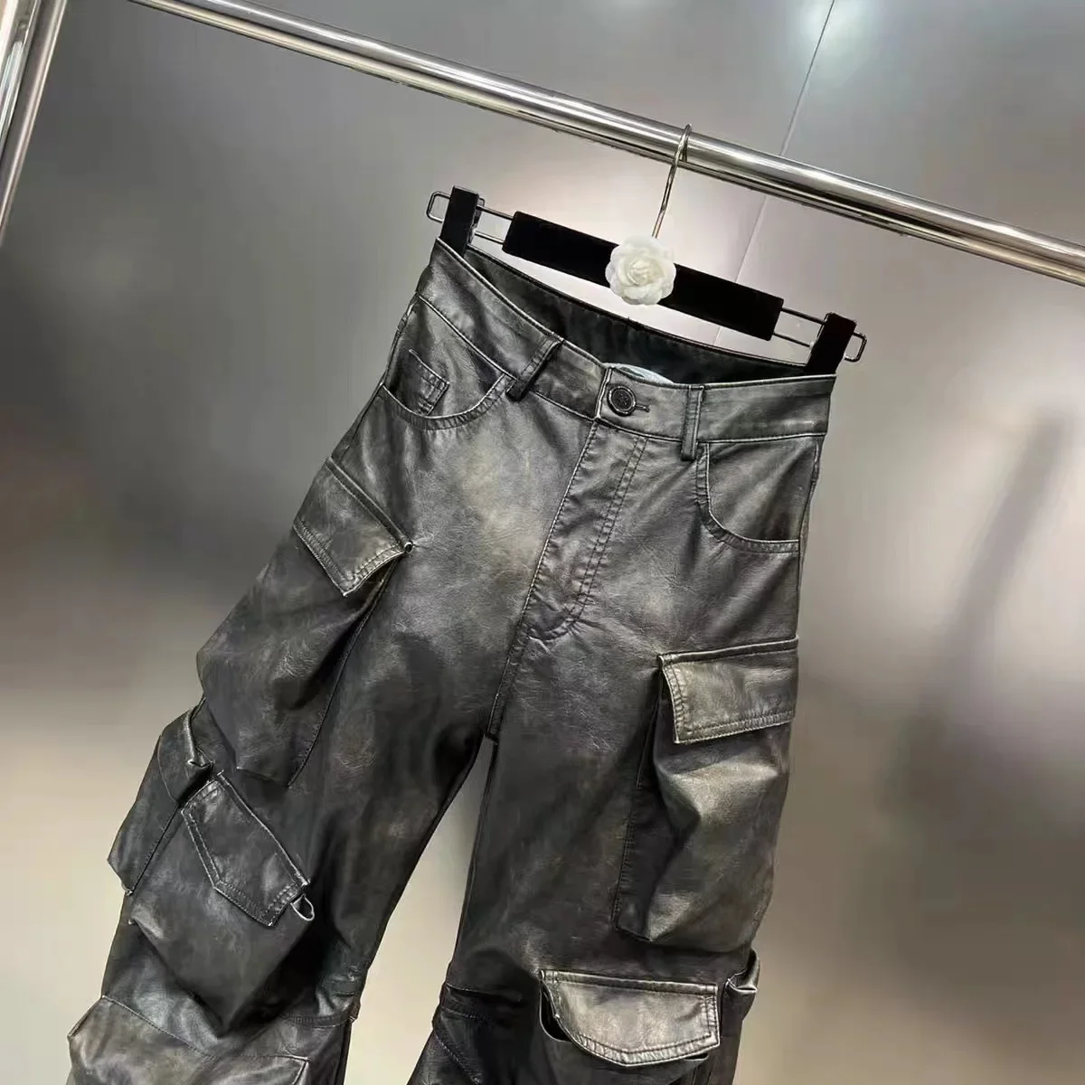 Multi Pocket Design Vintage PU Leather Pants for Women High Waist Single Button Cargo Trousers 2023 Autumn Female 11XX5286